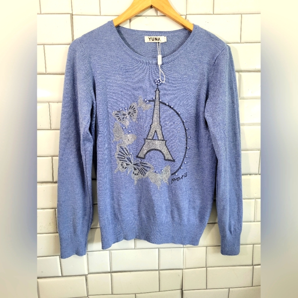 Yuna Whimsical Style Parisian Theme Sweater Color Blue Gemstone And Bead Detail